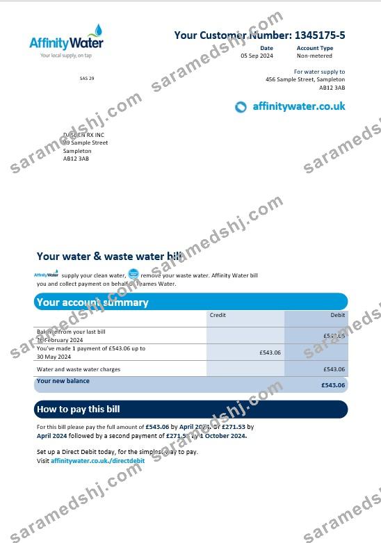 United Kingdom Affinity Water business utility bill template in Word and PDF formats